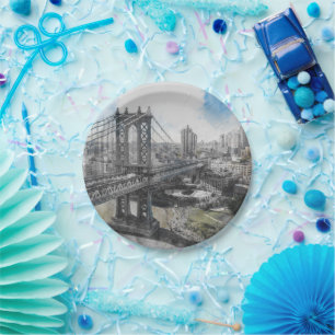 Assiettes En Carton Pont de Brooklyn à New York, aquarelle élégante