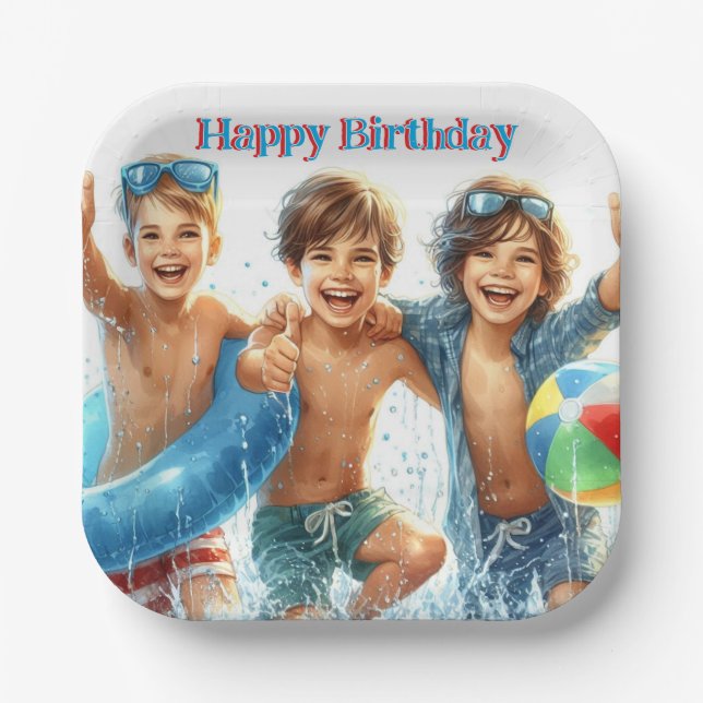 Assiettes En Carton Pool Party Boys Anniversaire Plaque de papier (Recto)