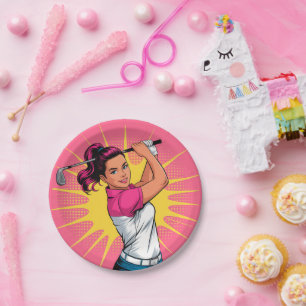 Assiettes En Carton Pop Art Girl Golfer fête d'anniversaire