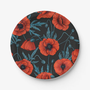 Assiettes En Carton Poppies, rouge et bleu sur noir