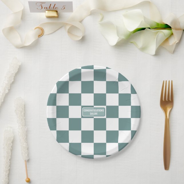 Assiettes En Carton Porcelaine À damiers personnalisée Turquoise Bleu (Mariage)