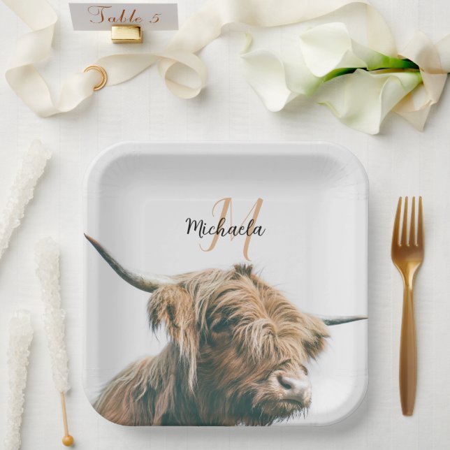 Assiettes En Carton Portrait de vache Highland nom personnalisé monogr (Mariage)