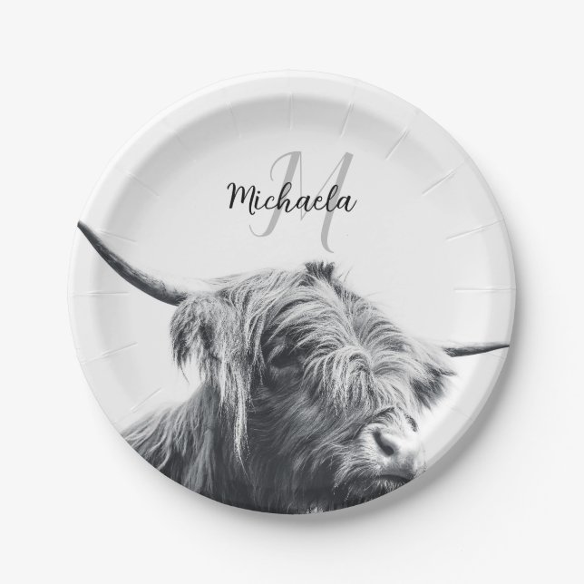 Assiettes En Carton Portrait de vache Highland premier monogramme noir (Devant)