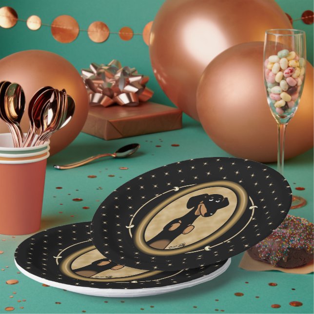 Assiettes En Carton Portrait Oval Or Dachshund (noir et bronze) mignon (Multi)