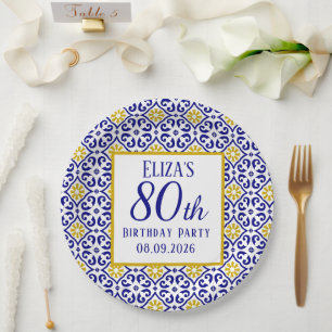 Assiettes En Carton Portugais Carreaux Bleu 80e anniversaire Méditerra