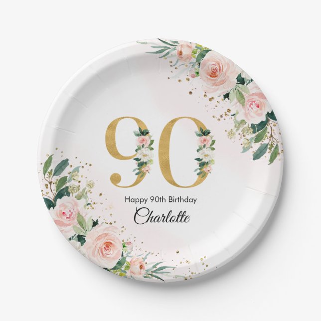 Assiettes En Carton Poser Floral 90e Plaques de papier d'anniversaire (Devant)