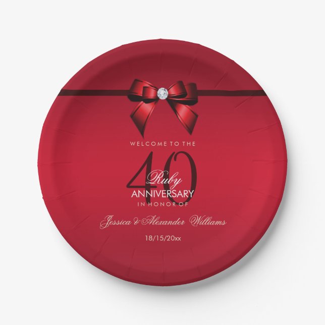 Assiettes En Carton Posh Gem Bow & Ribbon 40e anniversaire Mariage (Devant)