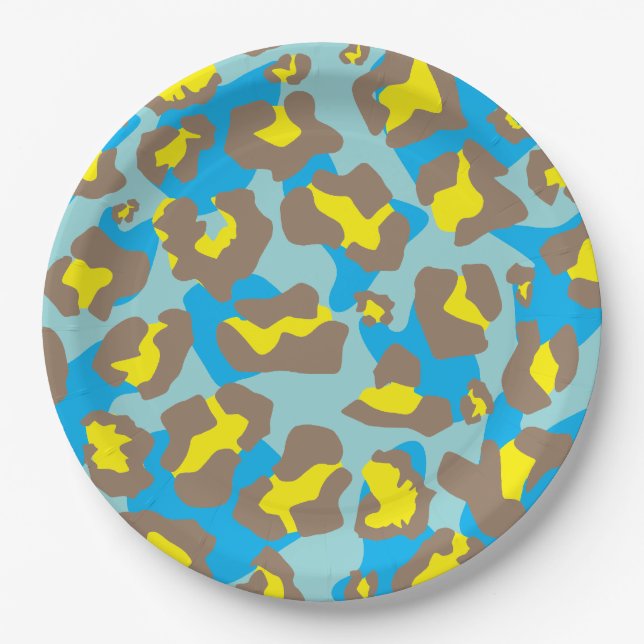 Assiettes En Carton Poster de animal léopard en bleu, marron et jaune (Devant)