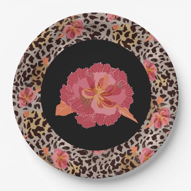 Assiettes En Carton Poster de animal léopard et fleurs roses sur noir (Devant)