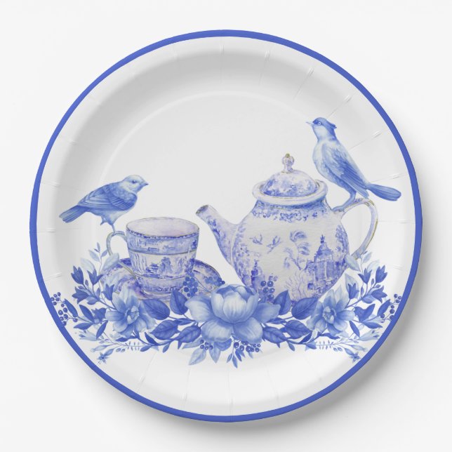 Assiettes En Carton Pot à thé floral bleu et blanc avec oiseaux (Devant)