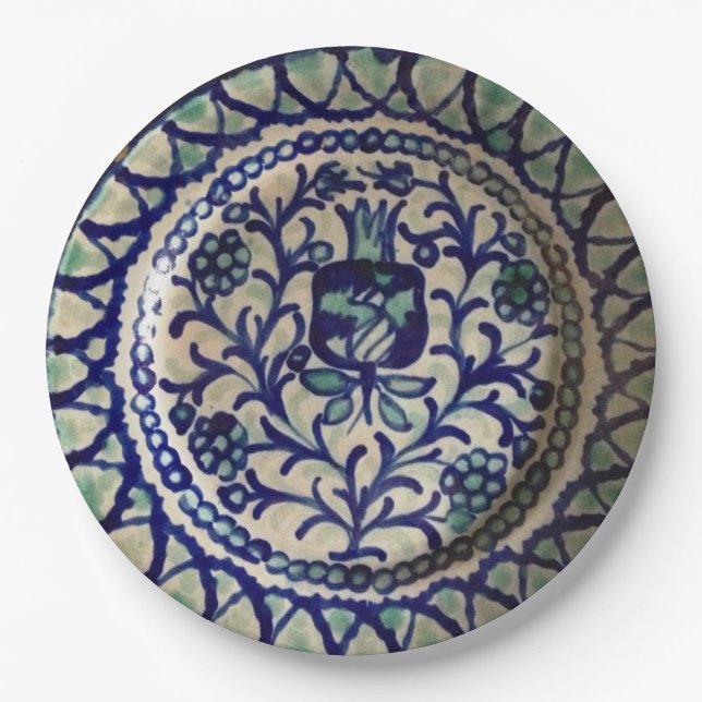Assiettes En Carton Poterie bleue de grenade et blanche fabriquée à la (Devant)