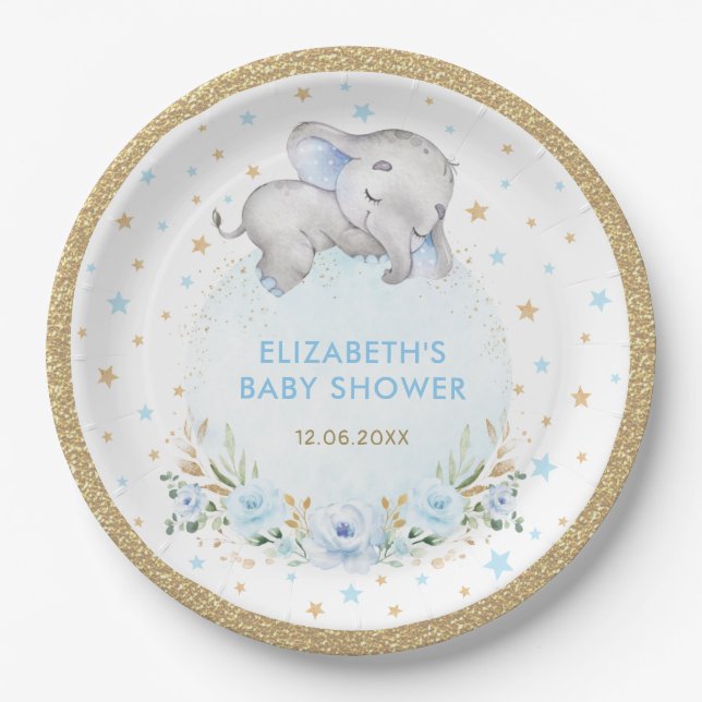 Assiettes En Carton Poudre Bleu Or Roses Eléphant Baby Boy Douche (Devant)
