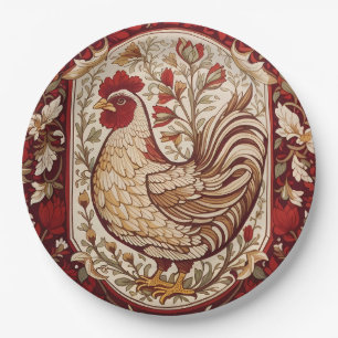 Assiettes En Carton Poule Vintage Fleurie Rouge et Crème