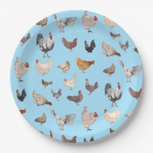 Assiettes En Carton Poulet motif heureux sur Bleu