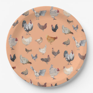 Assiettes En Carton Poulet motif heureux sur Peach