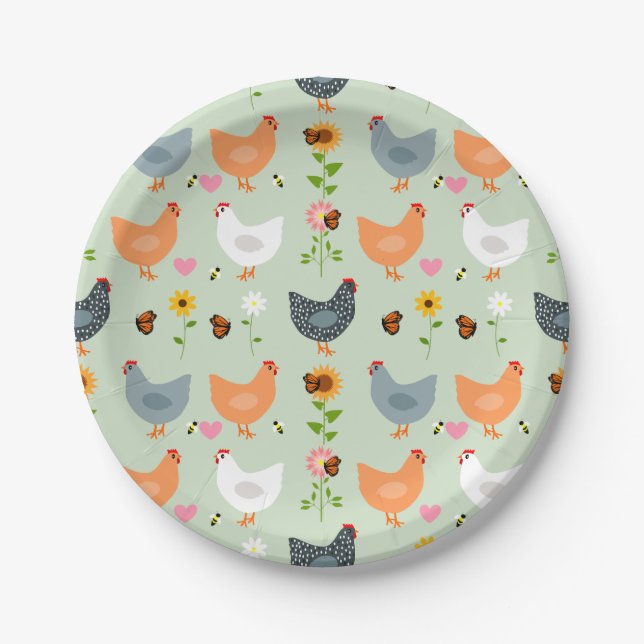 Assiettes En Carton Poulets dans le jardin avec fleurs, vert (Devant)