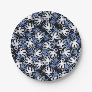 Assiettes En Carton Poulpe noir, blanc et bleu en motif sans couture