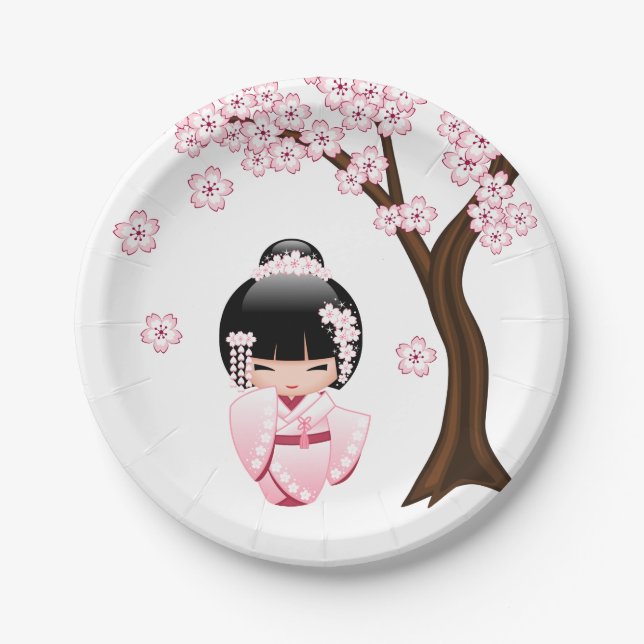 Assiettes En Carton Poupée blanche Kimono Kokeshi - mignonne Geisha Gi (Devant)