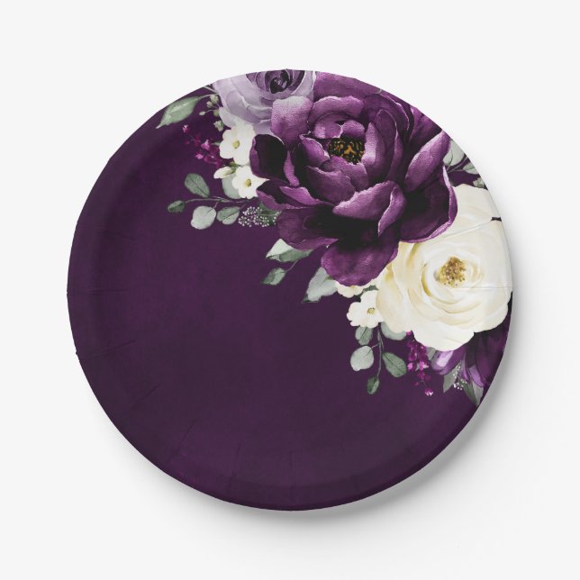 Assiettes En Carton Poupée d'aubergine Plum Ivory Blanc Floral Mariage (Devant)