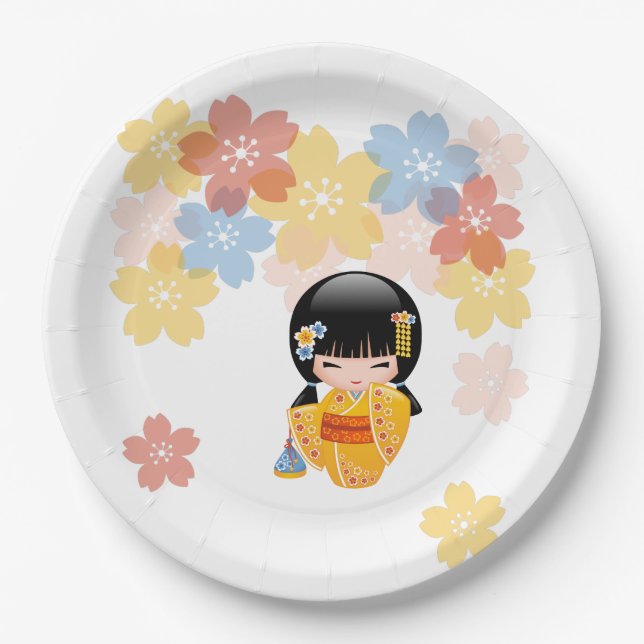 Assiettes En Carton Poupée d'été Kokeshi - Kimono Jaune Geisha Girl (Devant)