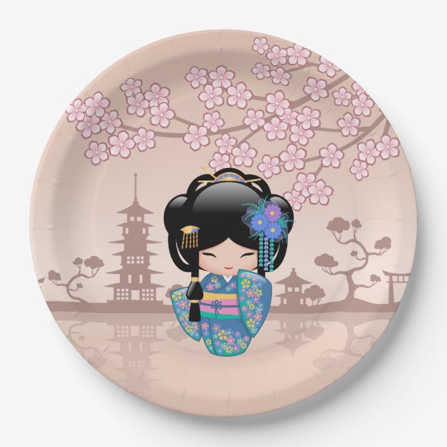 Assiettes En Carton Poupée Keiko Kokeshi - Blue Kimono Geisha Girl (Devant)