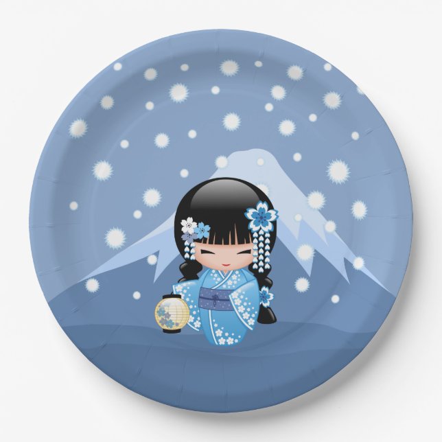 Assiettes En Carton Poupée Kokeshi d'hiver - Blue Mountain Geisha Girl (Devant)