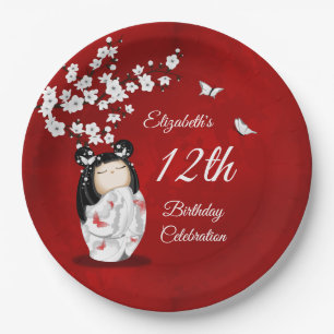 Assiettes En Carton Poupée Kokeshi Fleur de Cerisier Anniversaire de