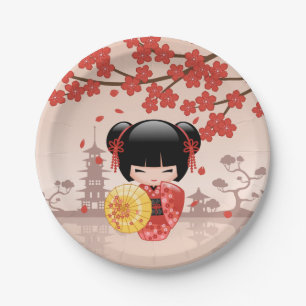 Assiettes En Carton Poupée rouge de Sakura Kokeshi - geisha japonais