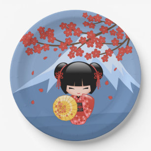 Assiettes En Carton Poupée rouge Sakura Kokeshi - mignonne Geisha Girl