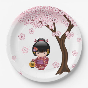 Assiettes En Carton Poupée Sakura Kokeshi - jolie fille japonaise Geis