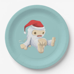 Assiettes En Carton Poupée Yeti de Noël portant un chapeau de Père Noë