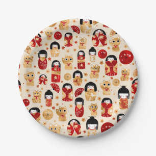 Assiettes En Carton Poupées japonaises - Chats Kokeshi et Maneki Neko