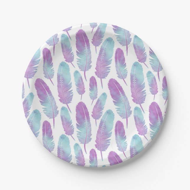 Assiettes En Carton Pourpre et bleu d'aquarelle de plume de Boho (Devant)