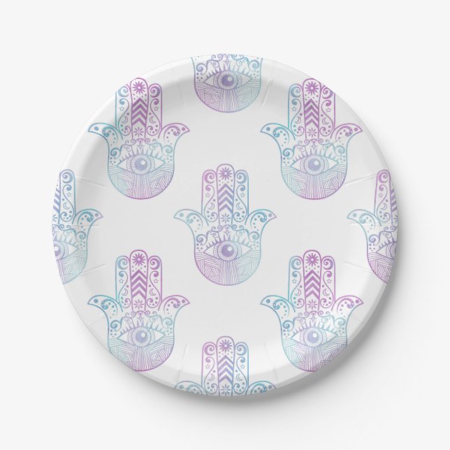 Assiettes En Carton Pourpre et bleu de motif de main de Hamsa (Devant)