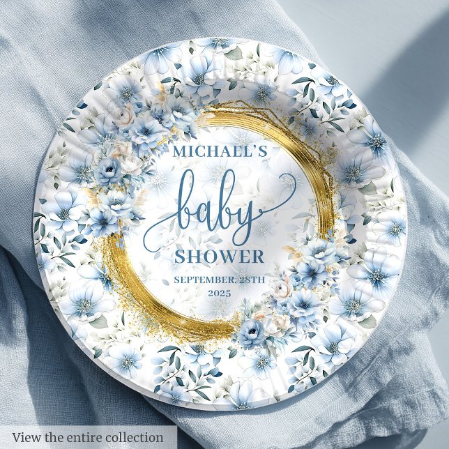 Assiettes En Carton Précieux pastel bleu aquarelle fleurs or garçon (Precious pastel blue watercolor flowers gold boy Paper Plates )