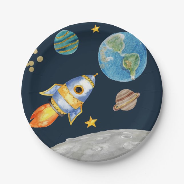 ASSIETTES EN CARTON PREMIER ANNIVERSAIRE, ANNIVERSAIRE SPATIAL, BLAST  (Devant)