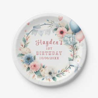 Assiettes En Carton Premier anniversaire - Aquarelle Fleurs et ballons