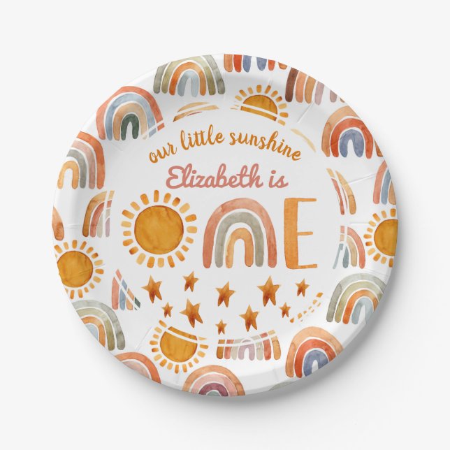 Assiettes En Carton Premier anniversaire aquarelle soleil et arc-en-ci (Devant)