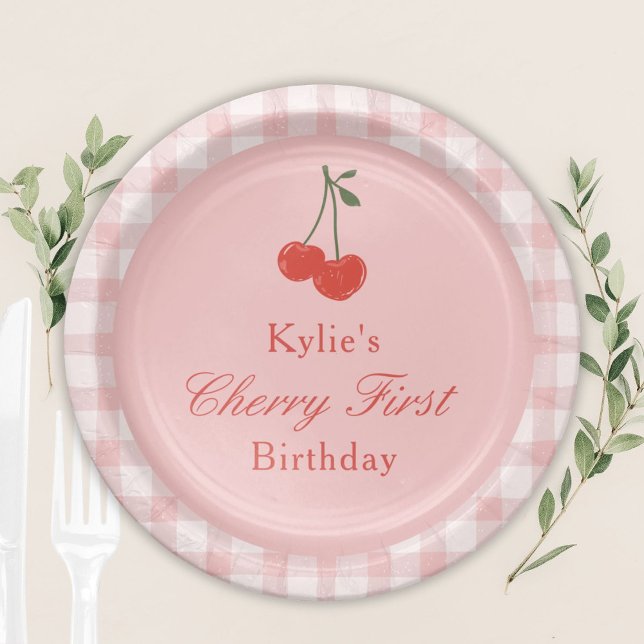 Assiettes En Carton Premier anniversaire de la cerise de fille rose et (Créateur téléchargé)