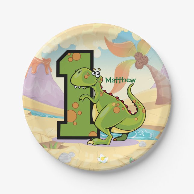 Assiettes En Carton Premier anniversaire Dinosaur fête personnalisée (Devant)