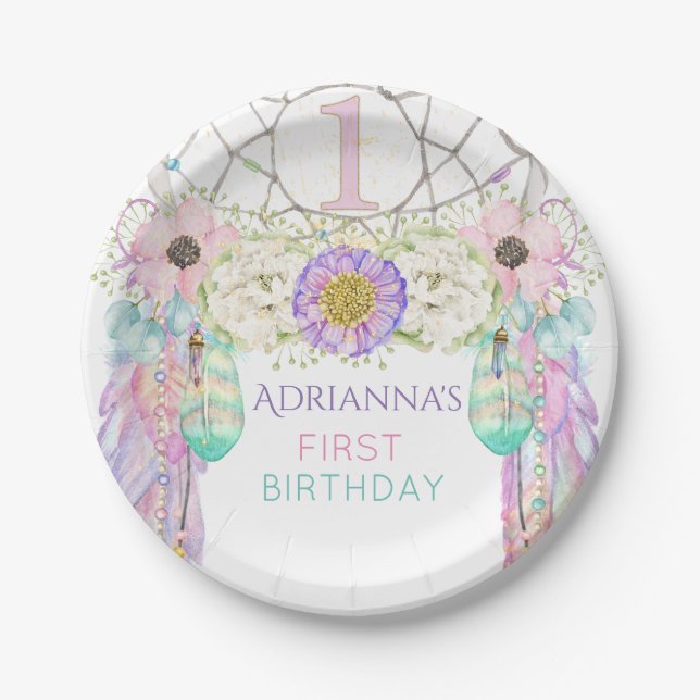 Assiettes En Carton Premier anniversaire Dream Catcher Boho Feathers (Devant)