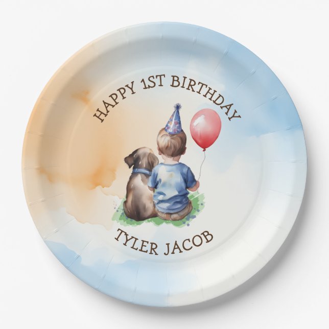 Assiettes En Carton Premier anniversaire du garçon personnalisé (Devant)