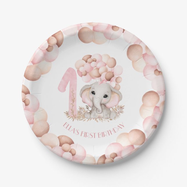 Assiettes En Carton Premier anniversaire fille mignonne éléphant ballo (Devant)