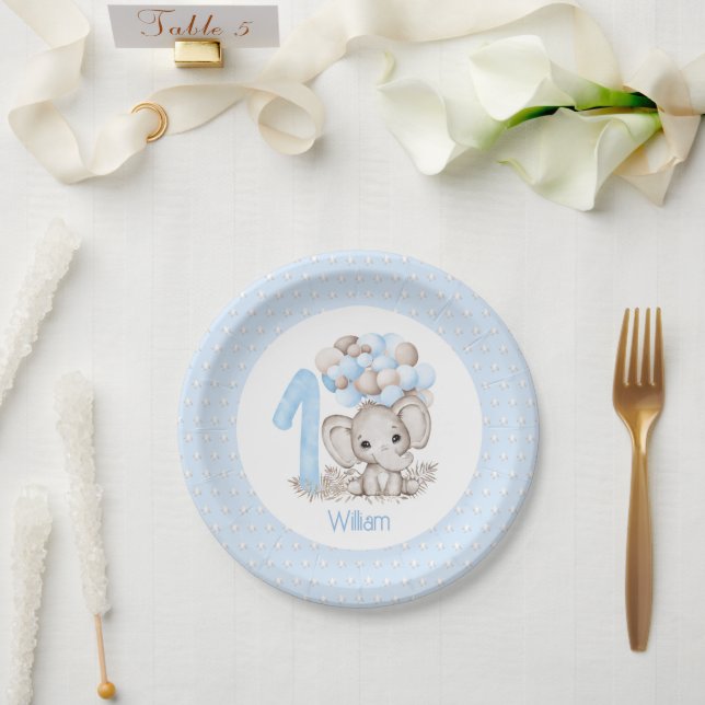 Assiettes En Carton Premier anniversaire Garçon Elephant Plaques de pa (Mariage)