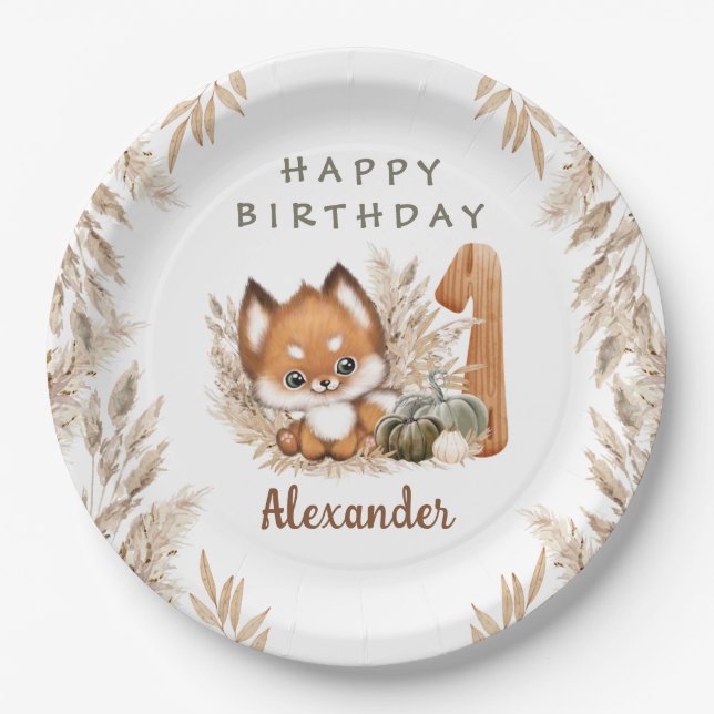 Assiettes En Carton Premier anniversaire mignon Fox automne Boy Plaque (Devant)