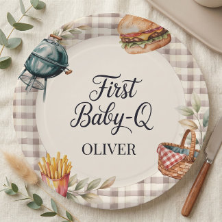 Assiettes En Carton Premier bébé Q BBQ 1er anniversaire garçon rustiqu