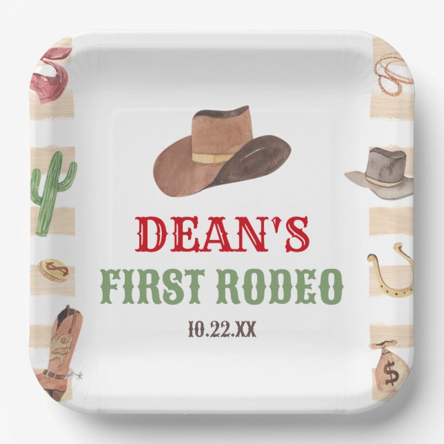 Assiettes En Carton Premier Rodéo Cowboy 1ère fête d'anniversaire (Recto)