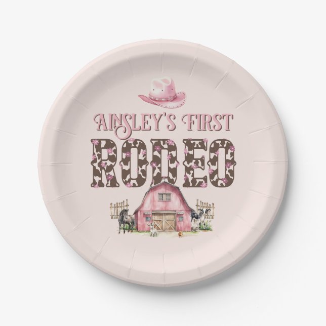 Assiettes En Carton Premier Rodéo Cute Rose Personnalisé 1er anniversa (Devant)