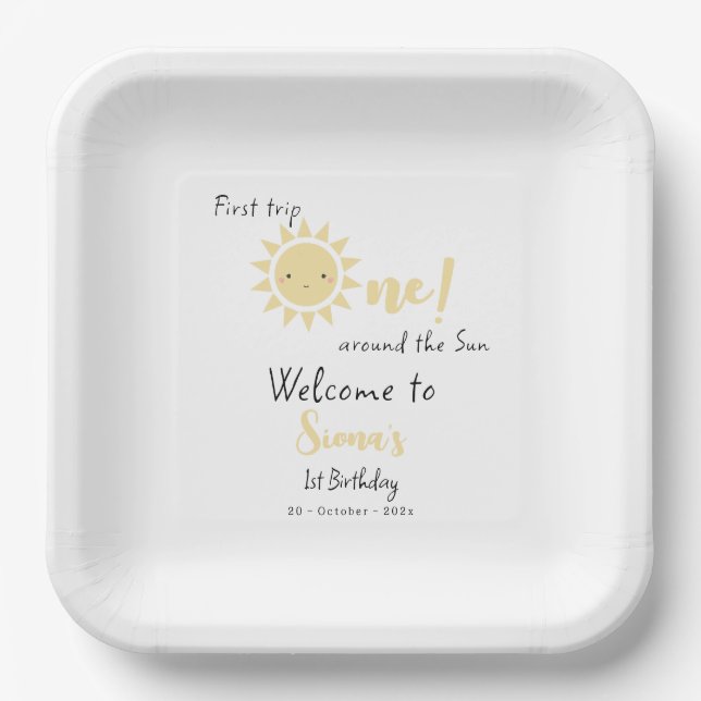 Assiettes En Carton Premier Voyage Autour Du Soleil Mignonne 1Er Anniv (Recto)