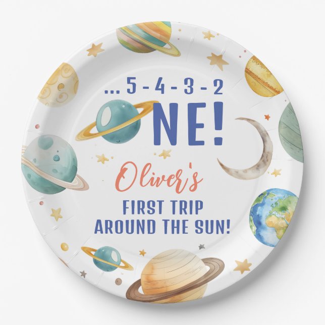 Assiettes En Carton Premier voyage autour du Sun Space Boy 1er anniver (Devant)